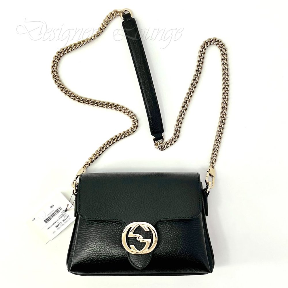 NEW GUCCI Interlocking GG Black Leather Small Crossbody Shoulder Chain Bag $2190 - Picture 10 of 15